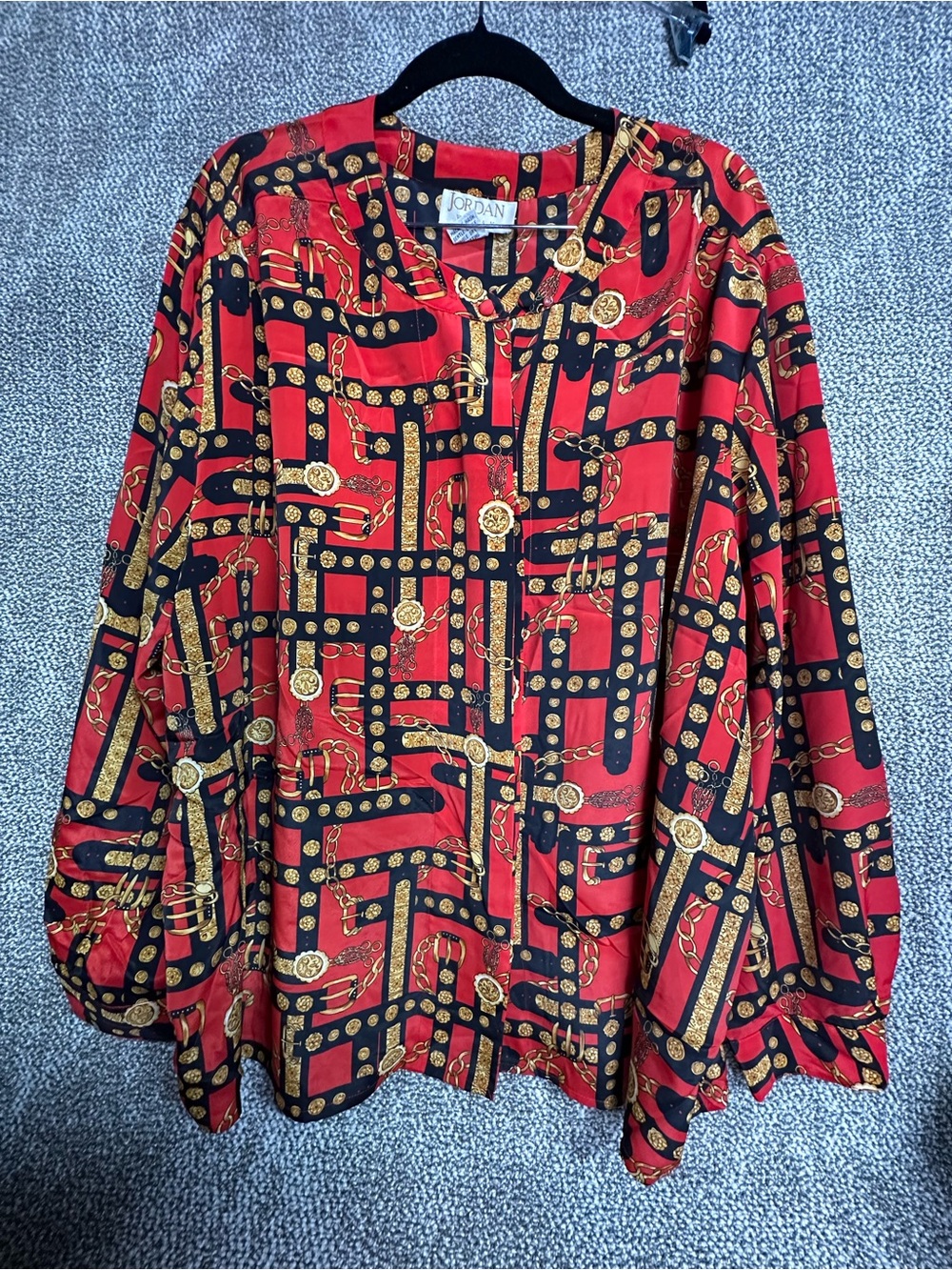 Vintage 90s Jordan Red and Black Chain-Print Button Front Top XXXL